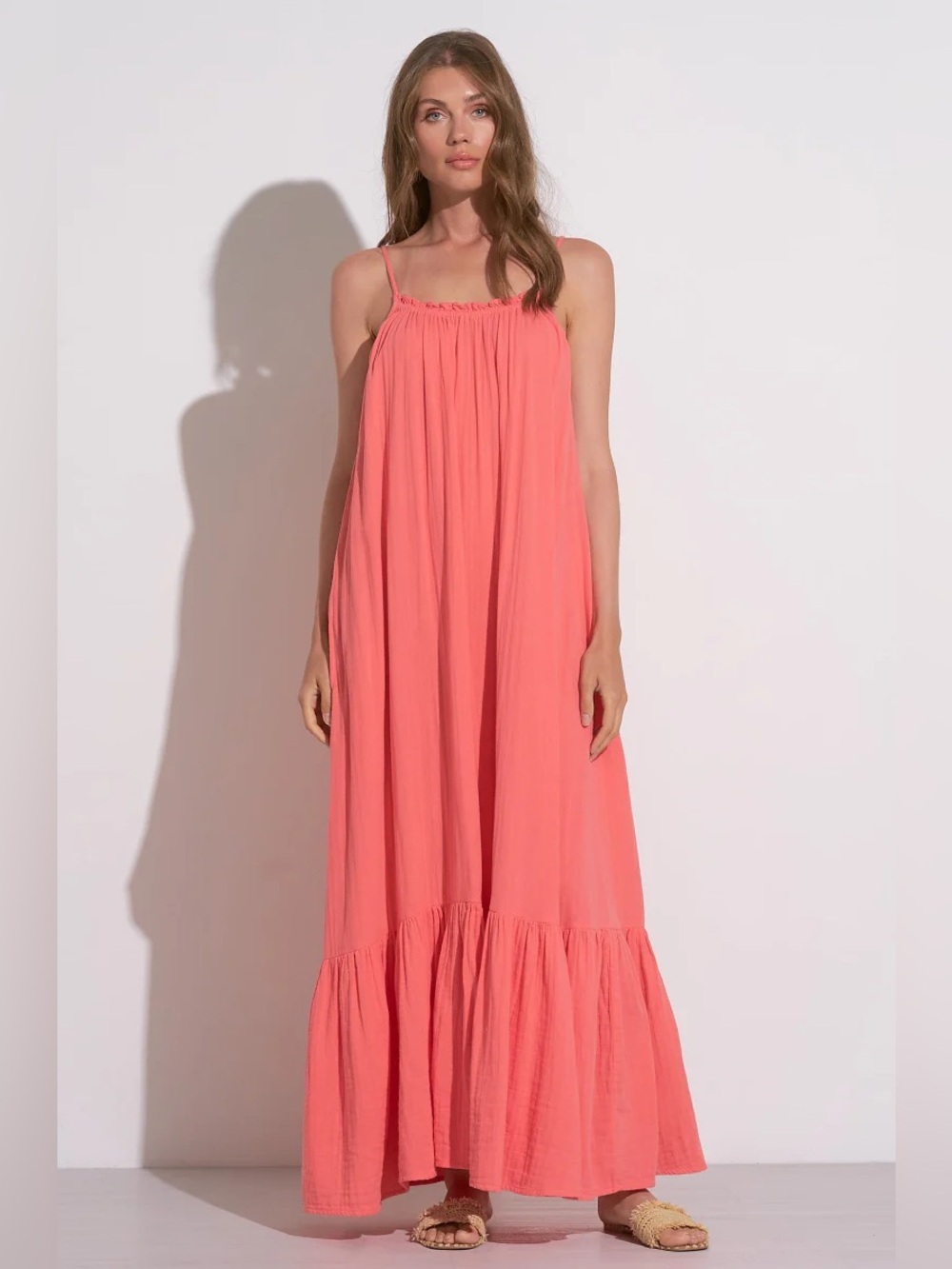 NWT-Elan Coral Pink Maxi Dress with Smocked Neckline- Sz Medium
